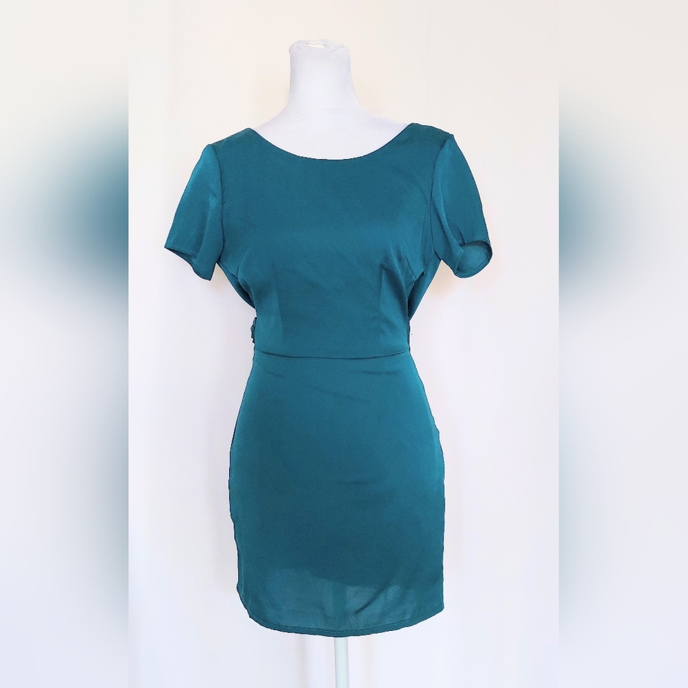 Tobi Short Sleeve Drape Back Cocktail Dress Teal Green Size Small